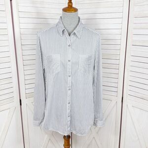 Eden & Olivia Striped Knit Button Up Long Sleeve Shirt Grey White Large